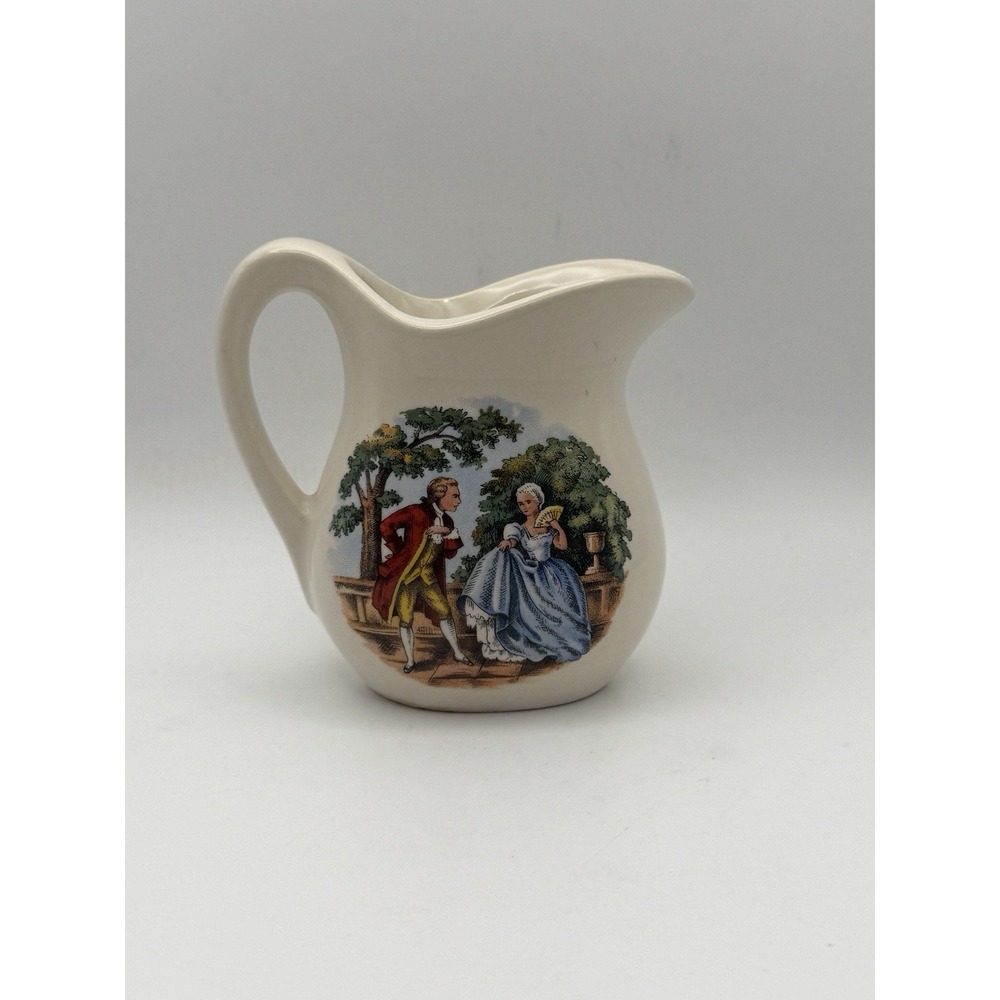 Vintage Victorian Courting Couple Ceramic Creamer Pitcher Colonial Scene 4"